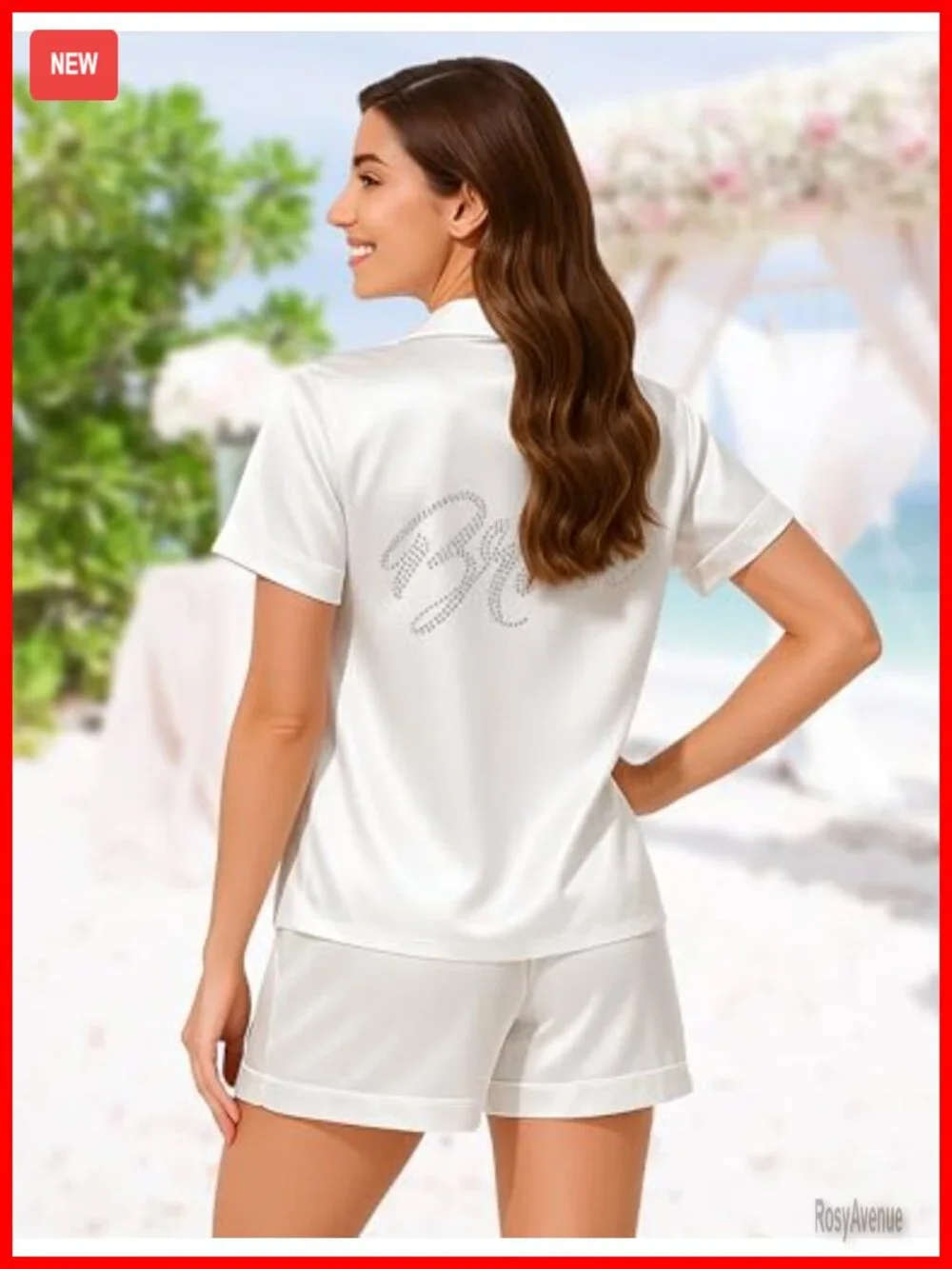 Bridal Pajama Set with Rhinestones 2pcs Silk Satin Pjs